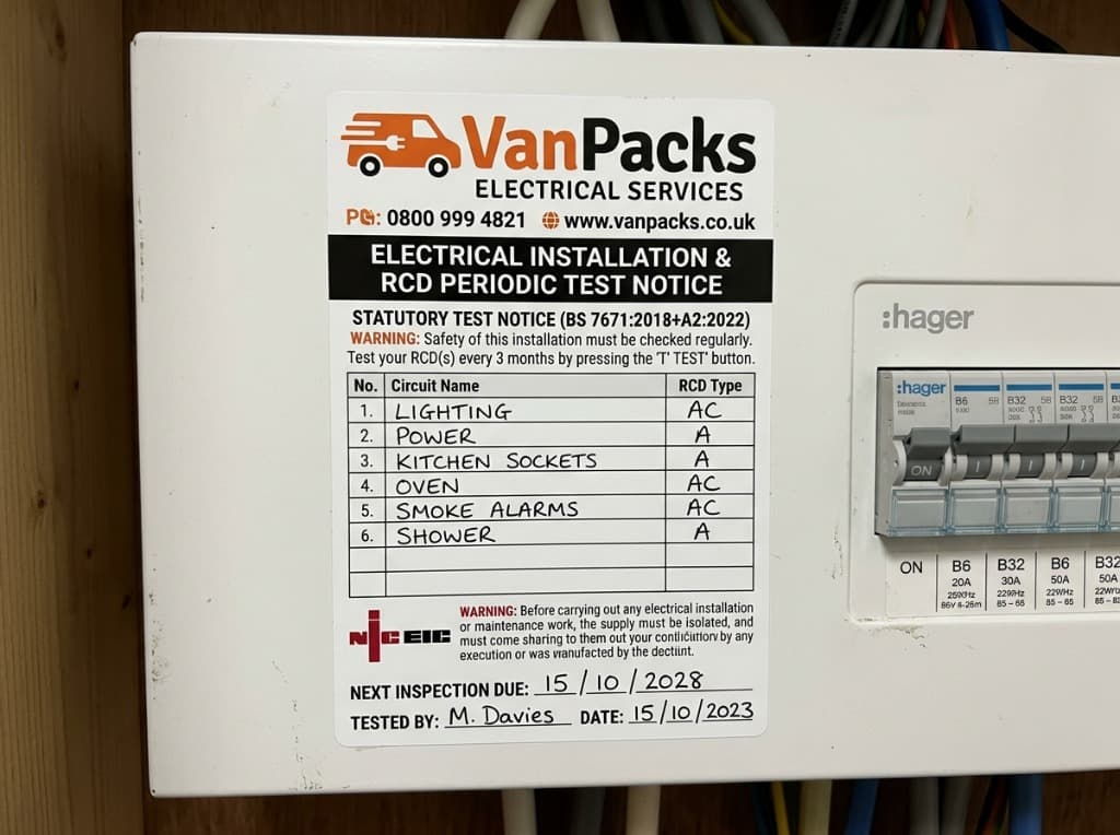 VanPacks NICEIC periodic inspection notice adhered to Hager fuse box with handwritten circuit schedule