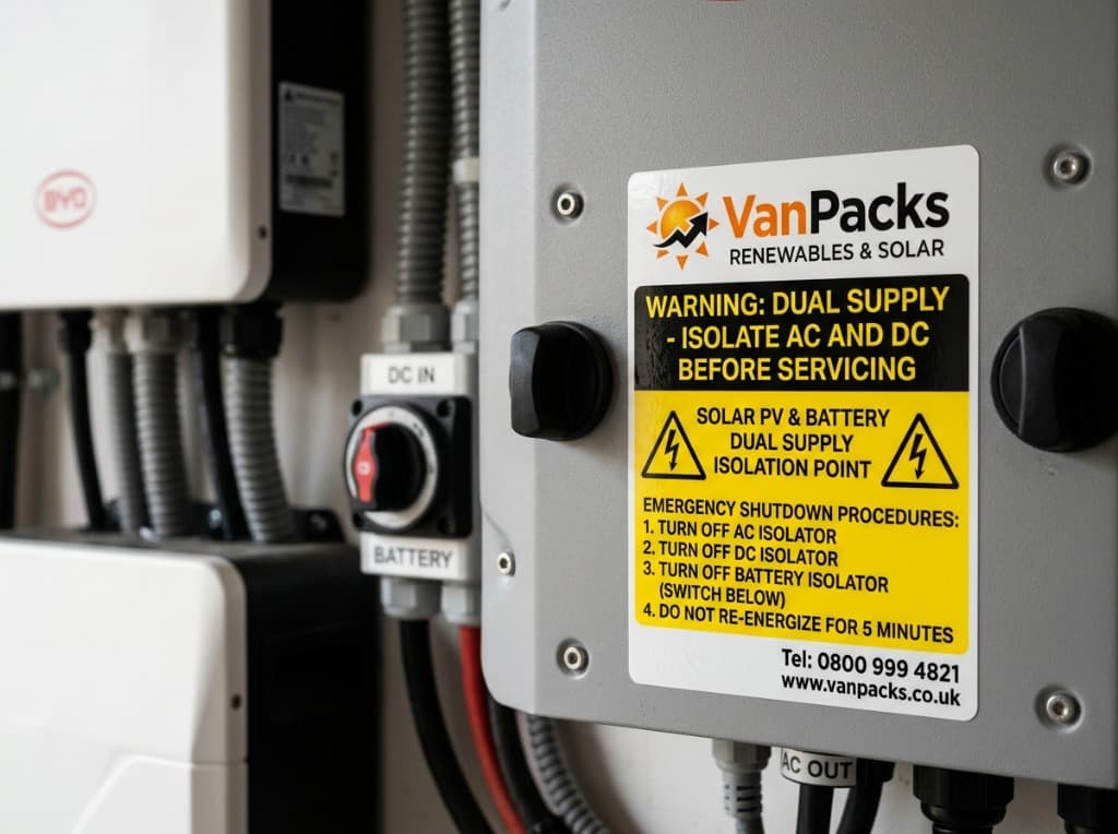 VanPacks Solar PV and Battery dual supply warning label on industrial grey switch enclosure