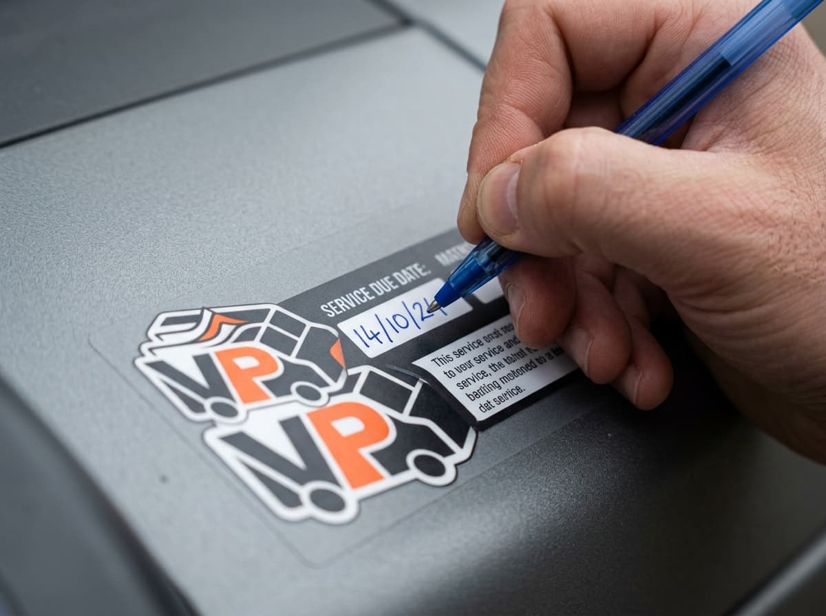 Writing inspection date on matte boiler sticker with blue biro