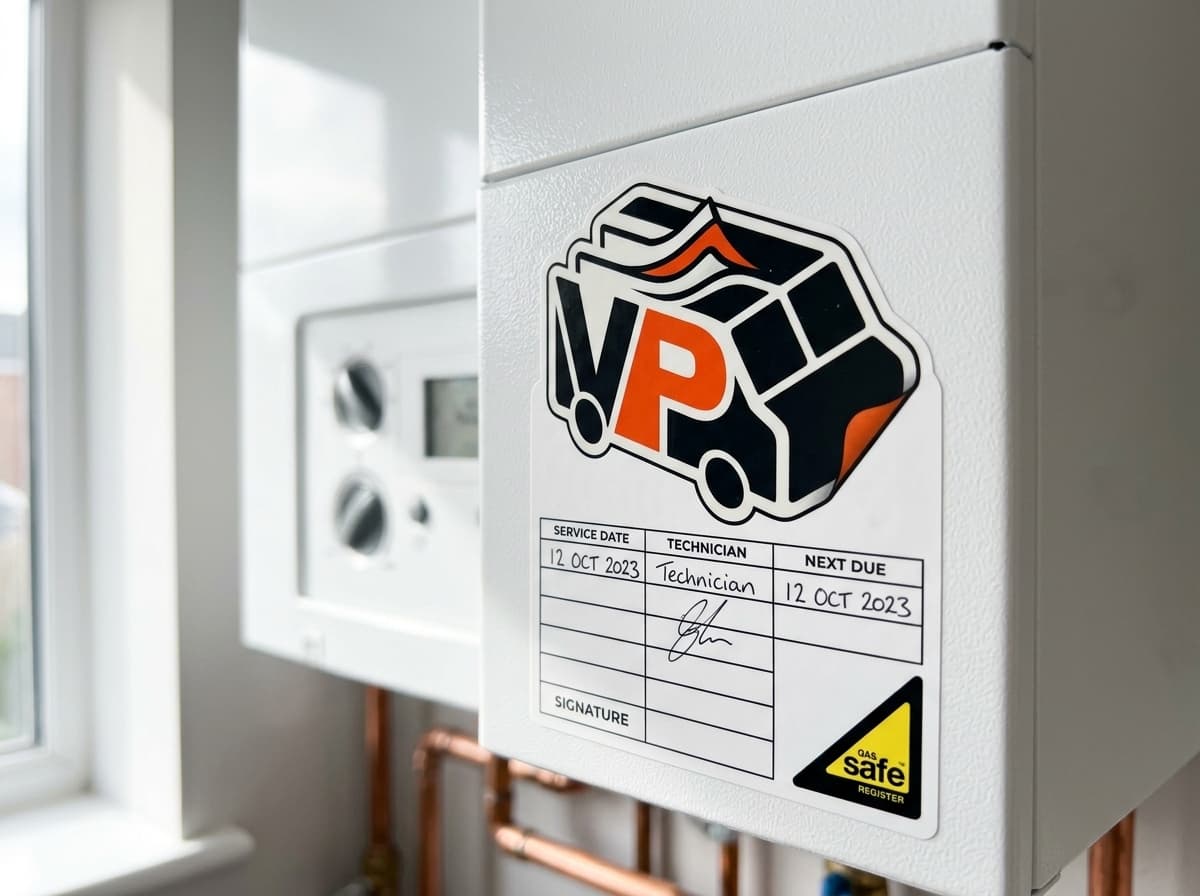 Gas boiler service sticker adhered to hot boiler casing