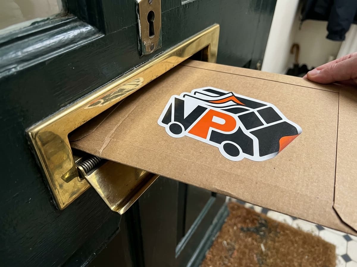 Rigid C3 cardboard mailer sliding through brass front door letterbox
