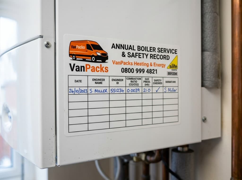 VanPacks annual boiler service sticker adhered to white boiler casing with handwritten blue ballpoint pen ink